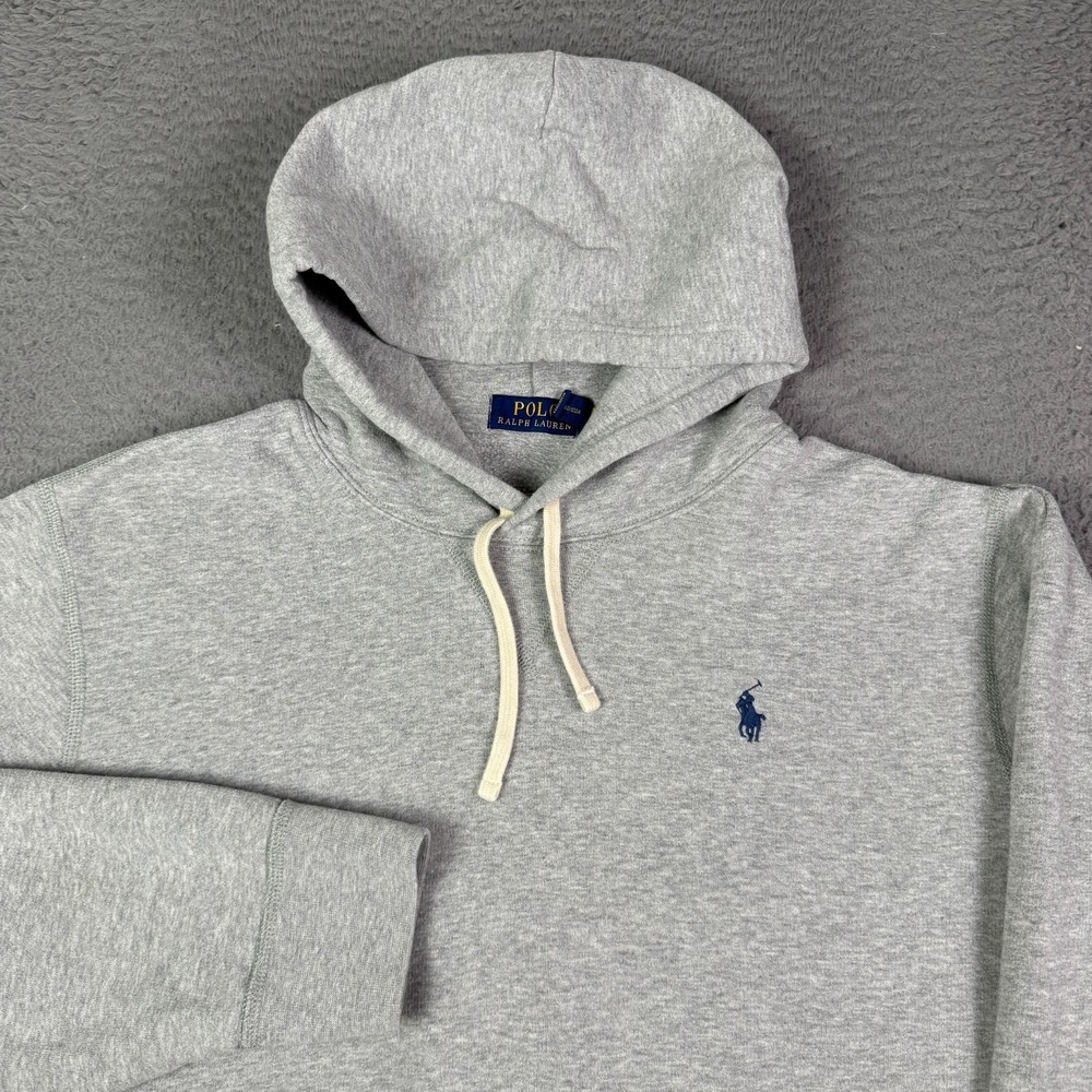 Polo Ralph Lauren Hoodie Mens L Gray Pullover Single V RL Fleece Drawstring